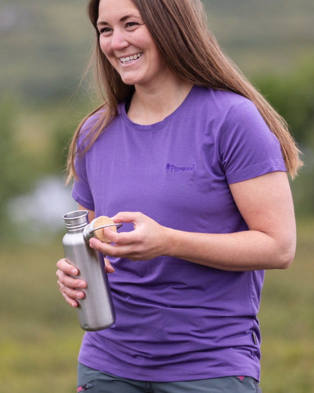 Lilac coloured Pinewood Womens Active Fast-Dry T-Shirt on outdoor background 