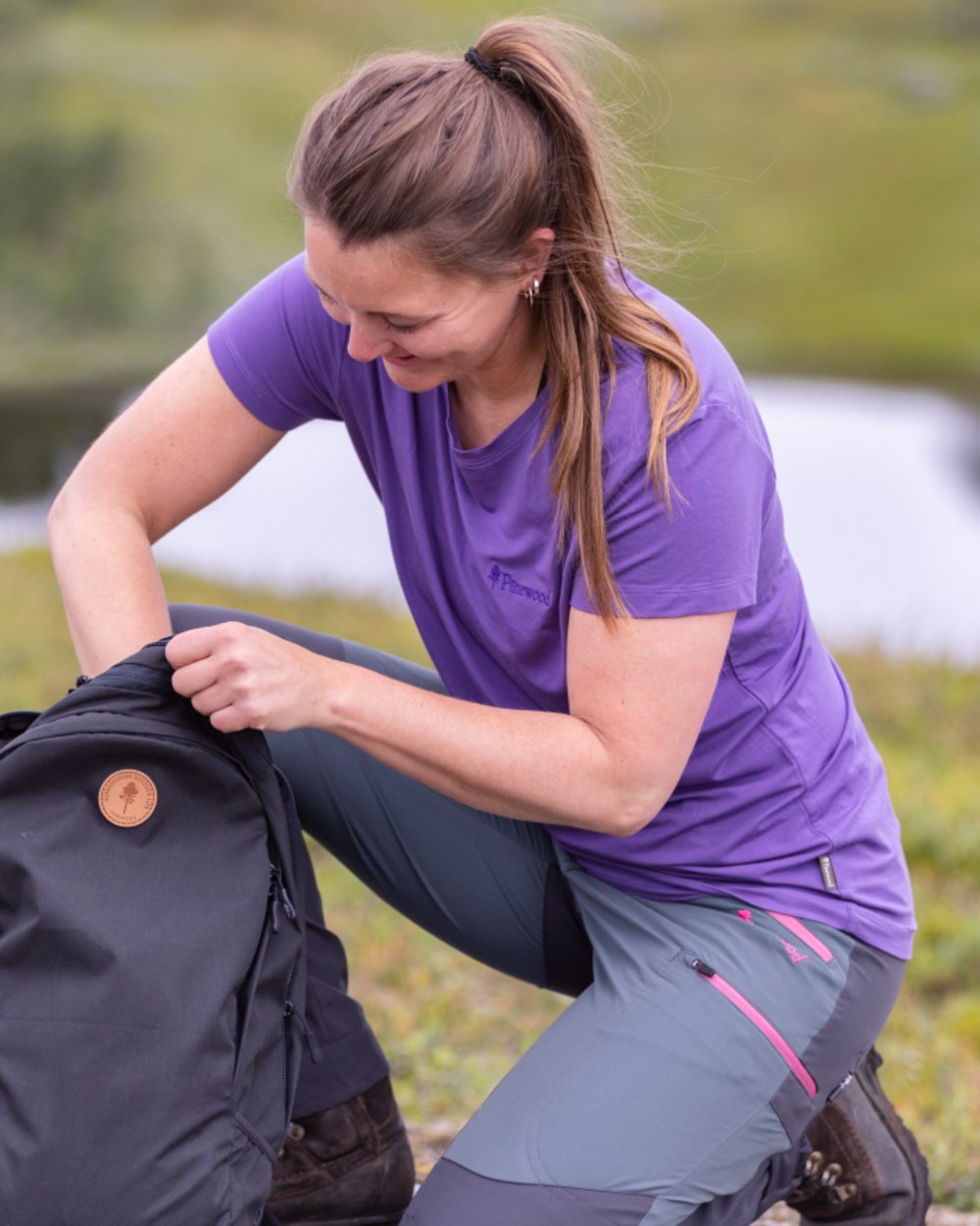 Lilac coloured Pinewood Womens Active Fast-Dry T-Shirt on outdoor background 