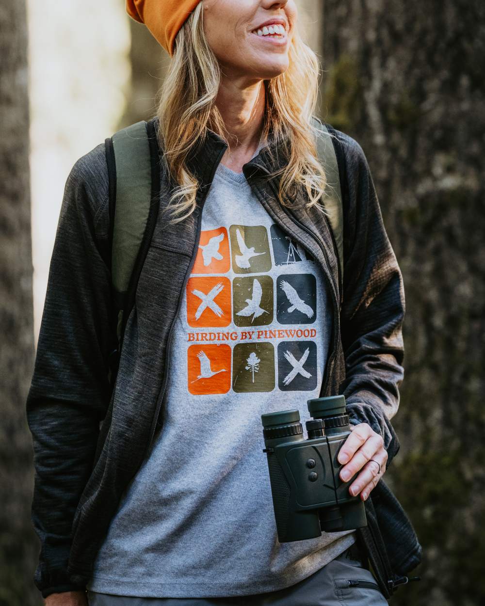 Light Grey Melange Combo coloured Pinewood Womens Birding T-Shirt on forest background 