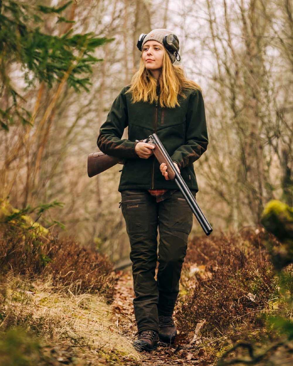 Suede Brown Dark Olive Coloured Pinewood Womens Furudal Caribou Hunt Trousers on forest background 
