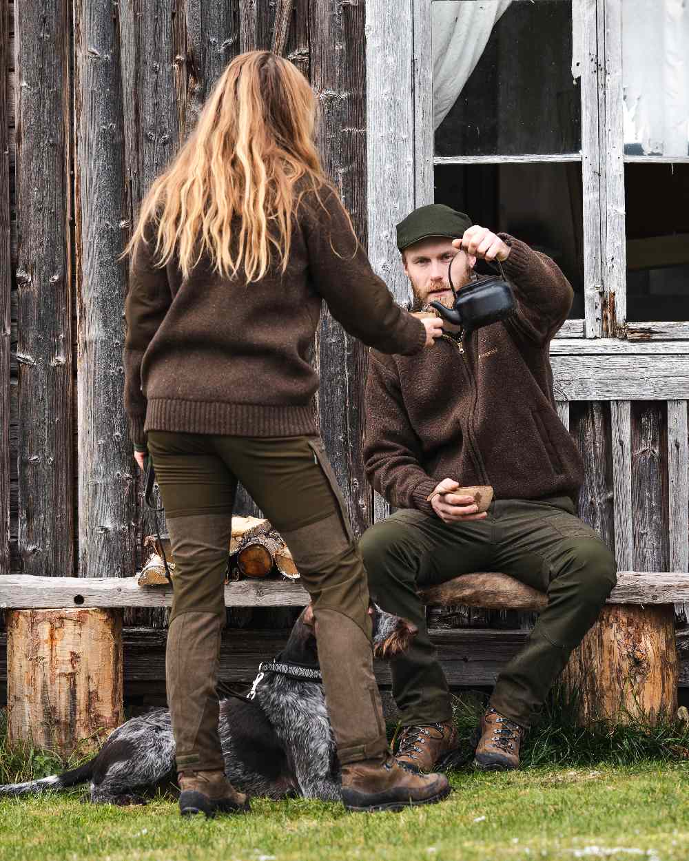Suede Brown Dark Olive Coloured Pinewood Womens Furudal Caribou Hunt Trousers on outdoor background 