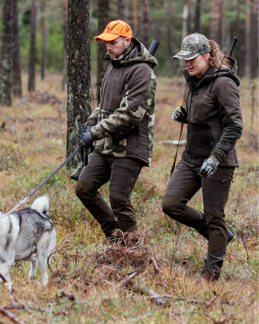 Suede Brown Dark Olive Coloured Pinewood Womens Furudal Caribou Hunt Trousers on forest background 