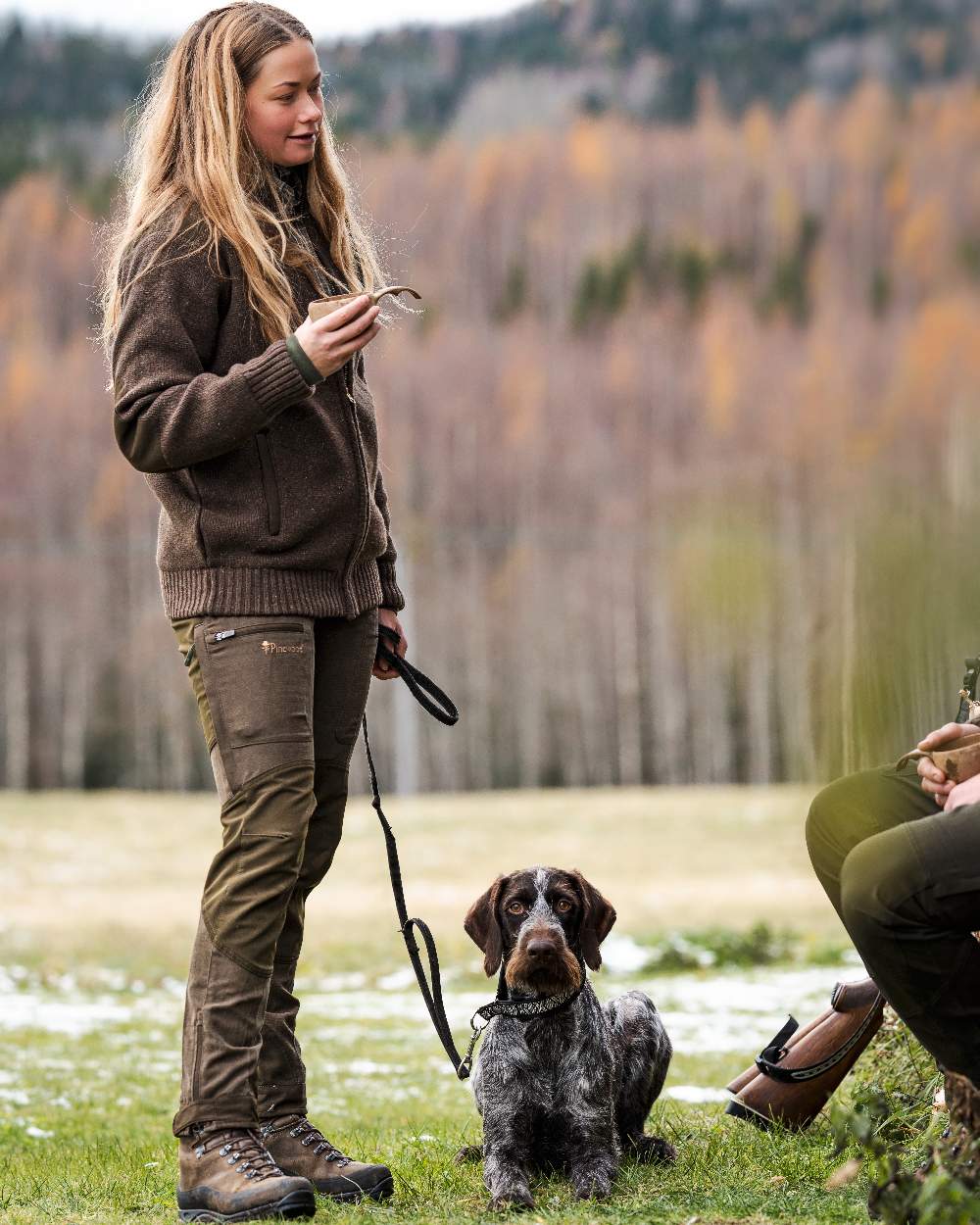 Suede Brown Dark Olive Coloured Pinewood Womens Furudal Caribou Hunt Trousers on forest background 