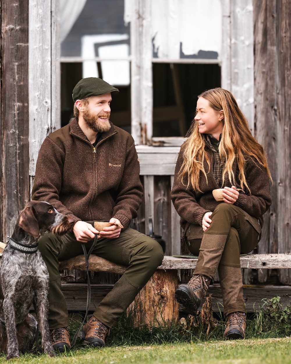 Suede Brown Dark Olive Coloured Pinewood Womens Furudal Caribou Hunt Trousers on outdoor background 