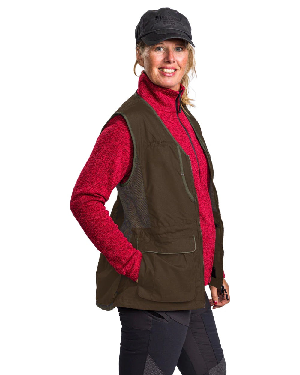 Suede Brown Dark Olive coloured Pinewood Womens Dog Sports 2.0 Vest on white background 