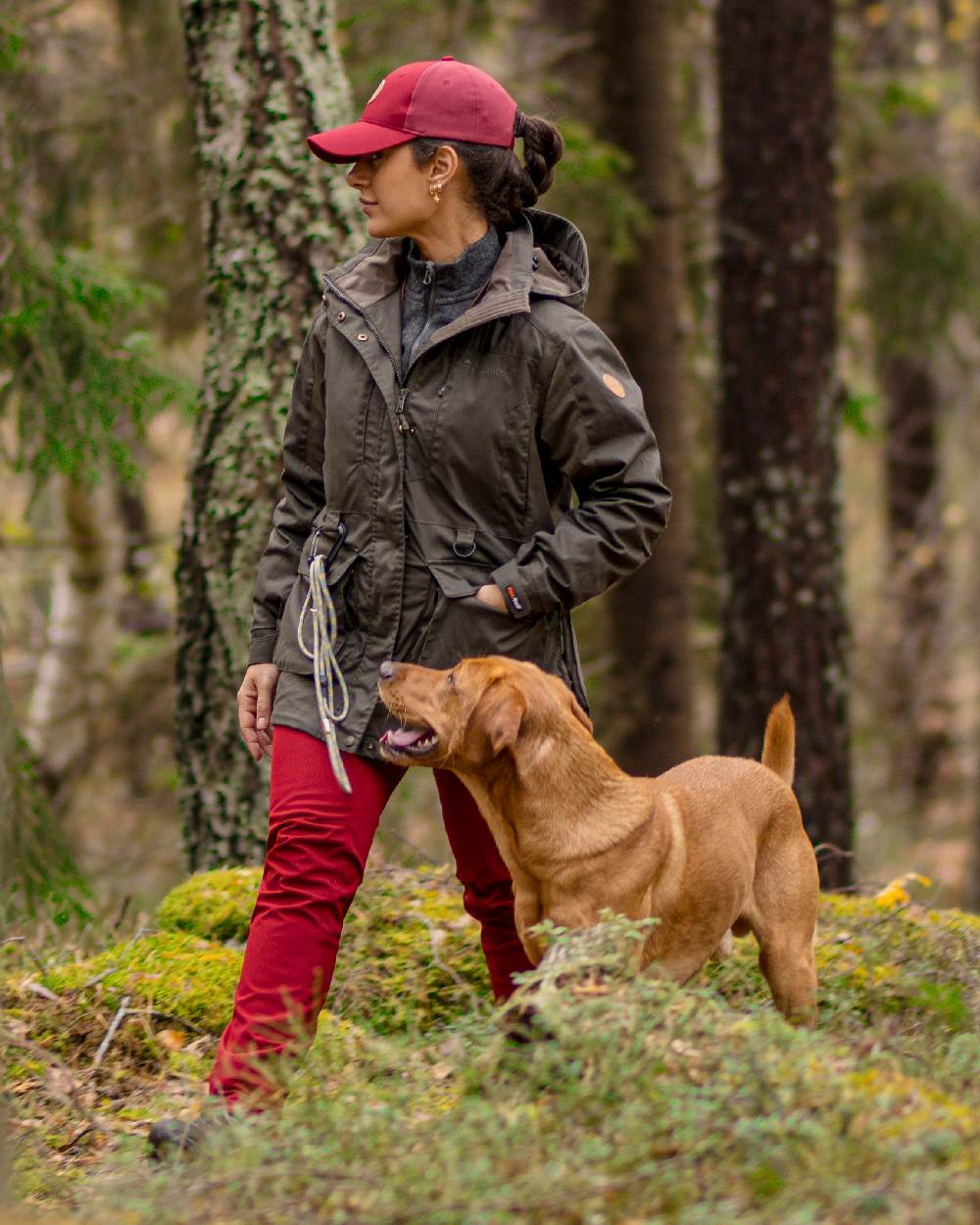 Moss Green Coloured Pinewood Womens Dog Sports Trainer Extreme Jacket on outdoor background 