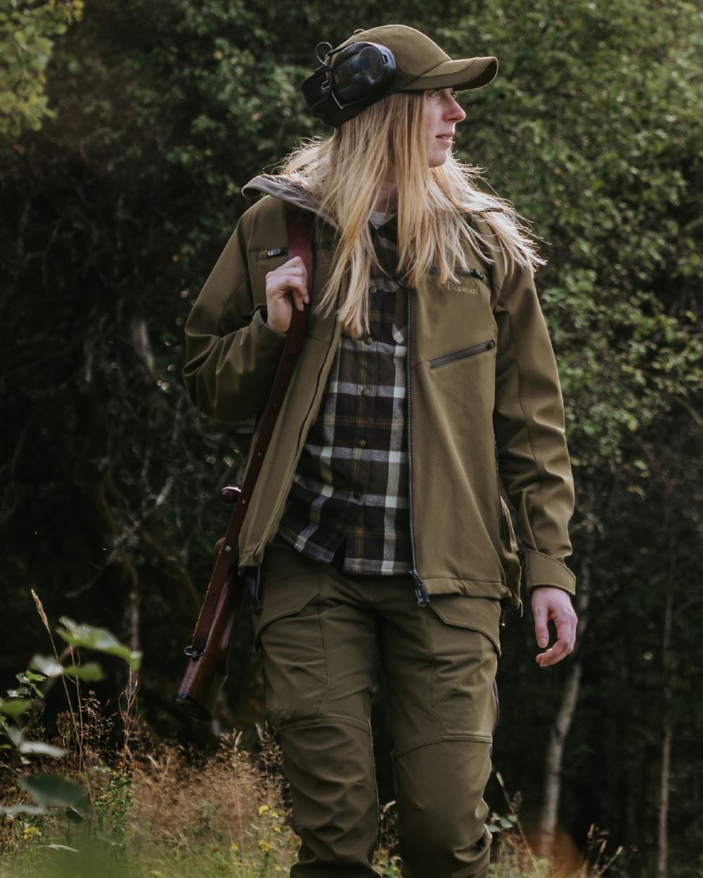 Olive Green Cream White coloured Pinewood Womens Douglas Shirt on forest background 