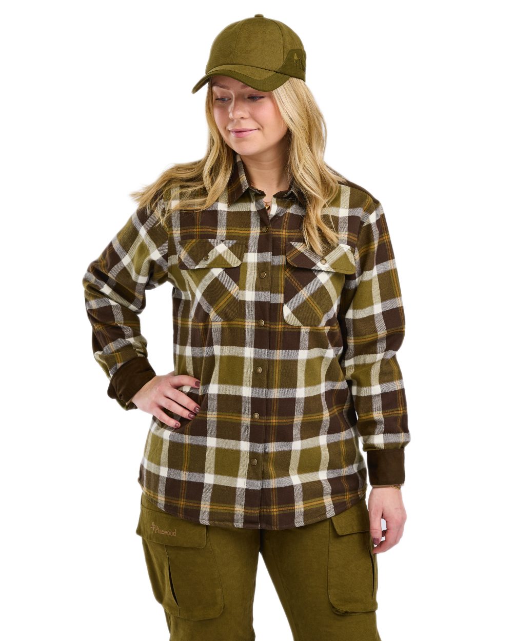 Olive Green Cream White coloured Pinewood Womens Douglas Shirt on white background 