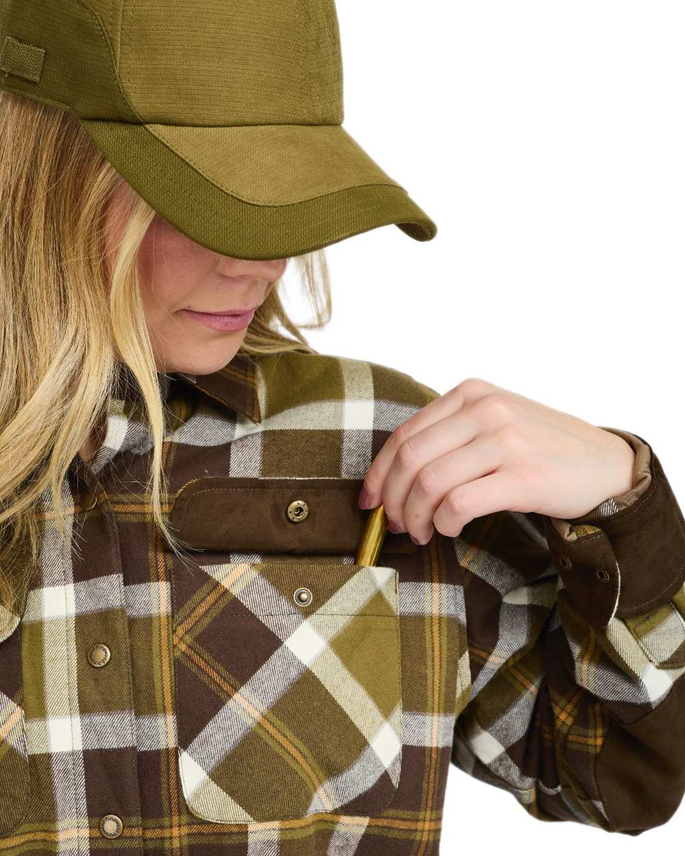 Olive Green Cream White coloured Pinewood Womens Douglas Shirt on white background 
