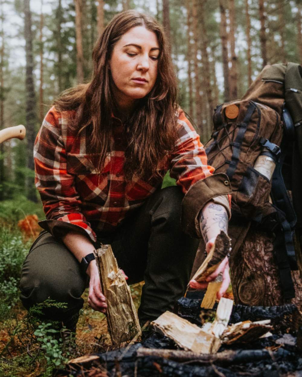 Orange Clay Dark Brown coloured Pinewood Womens Douglas Shirt on forest background 