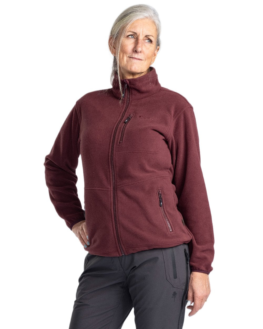 Earth Plum Coloured Pinewood Womens Finnveden Fleece Jacket on  white background 