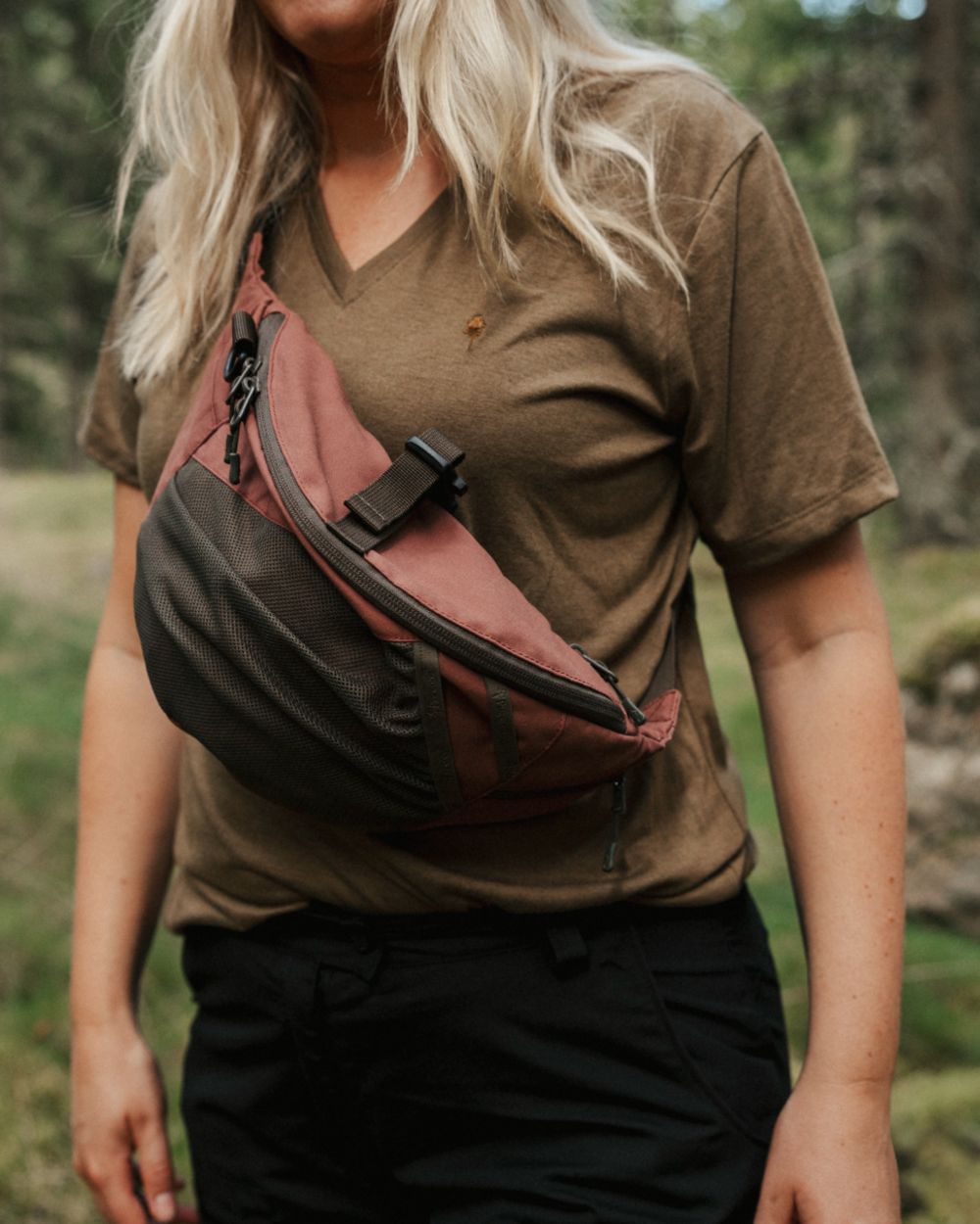 Olive Green coloured Pinewood Womens Finnveden Forest T-Shirt on forest background 