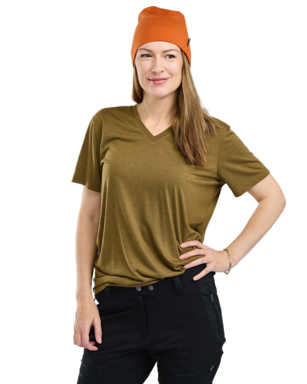 Olive Green coloured Pinewood Womens Finnveden Forest T-Shirt on white background 