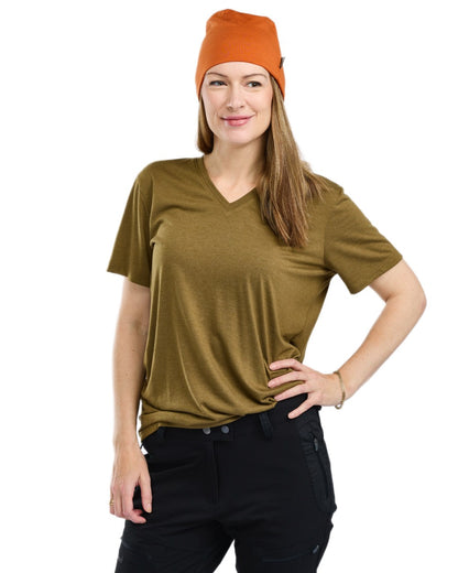 Olive Green coloured Pinewood Womens Finnveden Forest T-Shirt on white background 