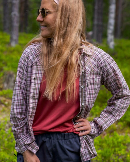 Rusty Pink coloured Pinewood Womens Finnveden Function T-Shirt on forest background 