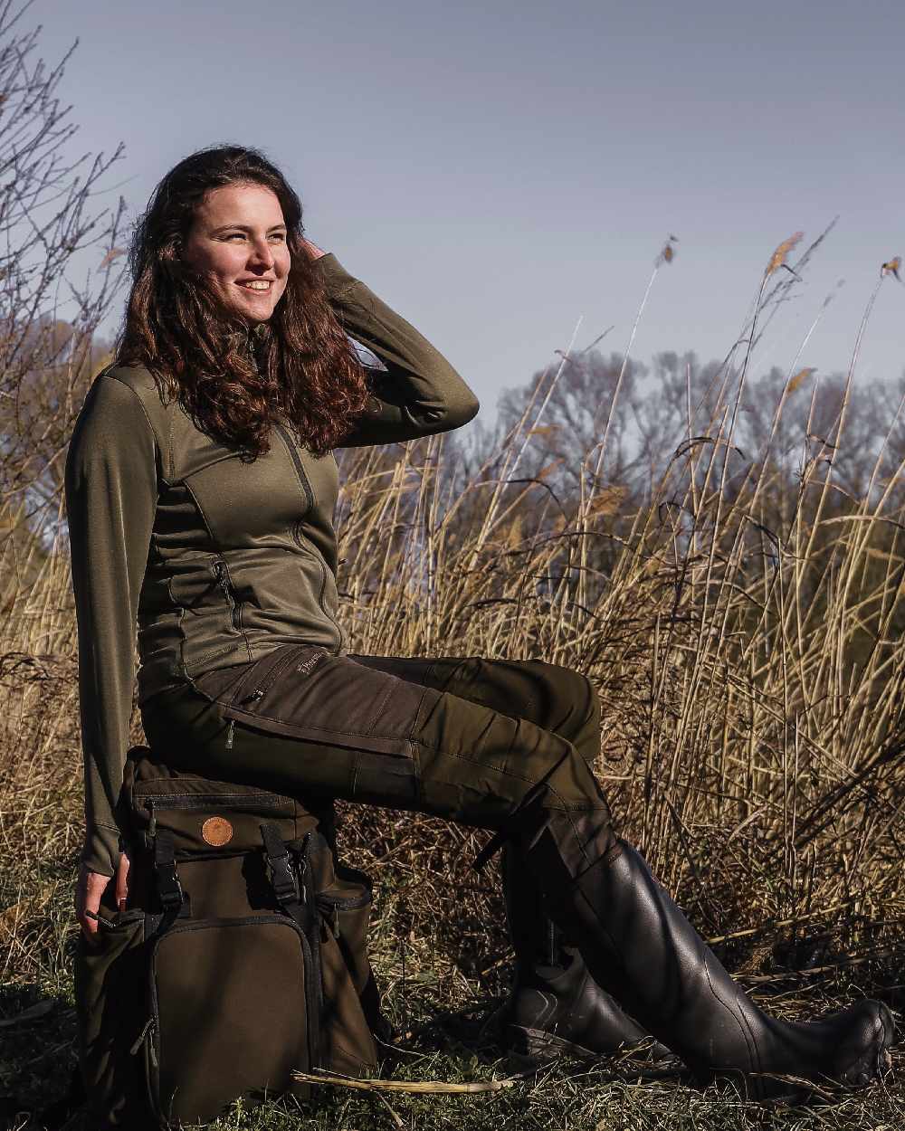 Olive Coloured Pinewood Womens Finnveden Hoodie on outdoor background 