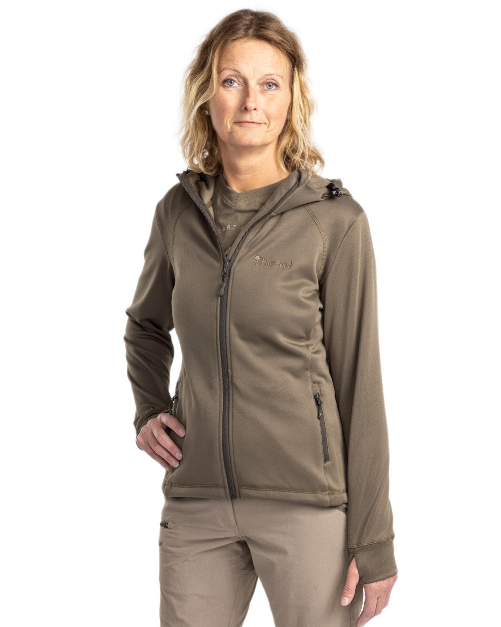 Olive Coloured Pinewood Womens Finnveden Hoodie on white background 