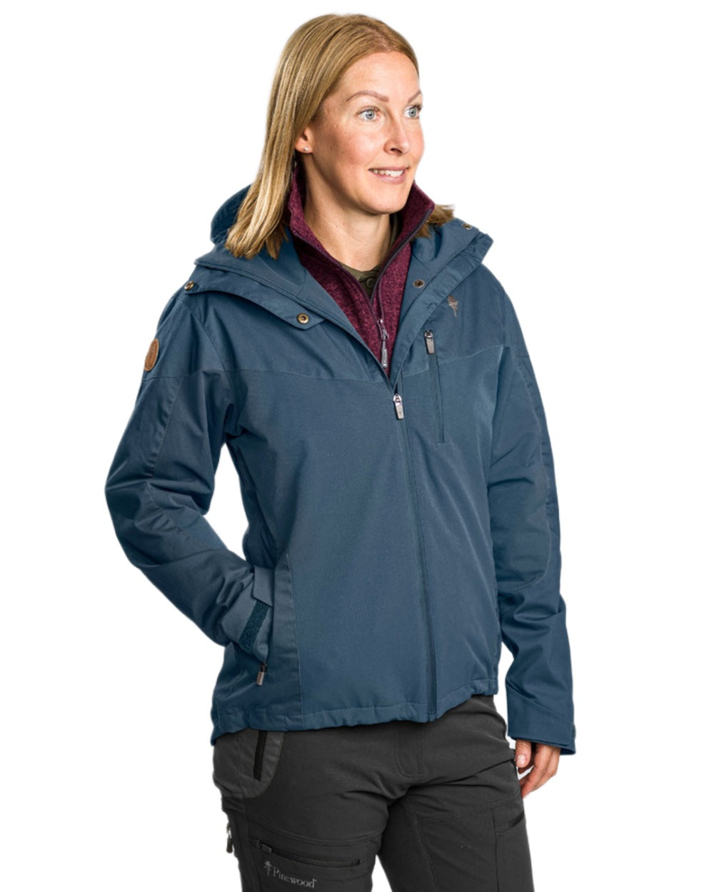 Dark Dive Coloured Pinewood Womens Finnveden Hybrid Extreme Jacket on white background 
