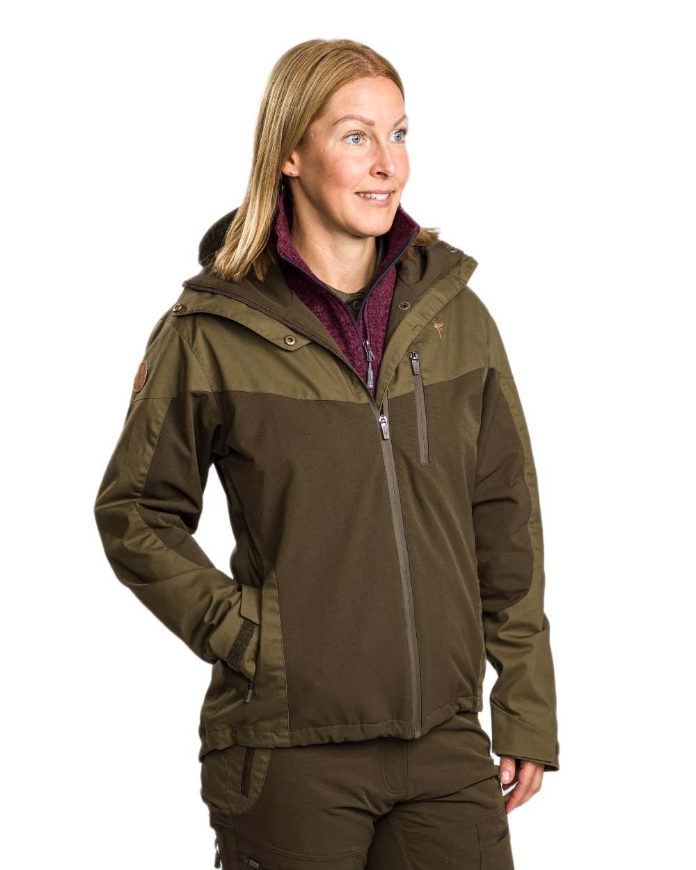 Dark Olive Hunting Olive Coloured Pinewood Womens Finnveden Hybrid Extreme Jacket on white background 