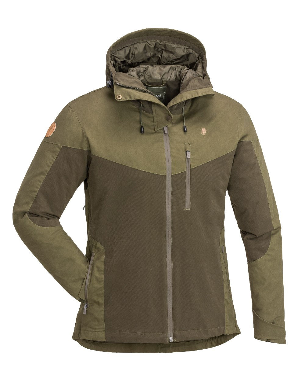 Dark Olive Hunting Olive Coloured Pinewood Womens Finnveden Hybrid Extreme Jacket on white background 