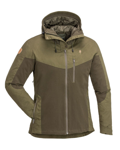 Dark Olive Hunting Olive Coloured Pinewood Womens Finnveden Hybrid Extreme Jacket on white background 
