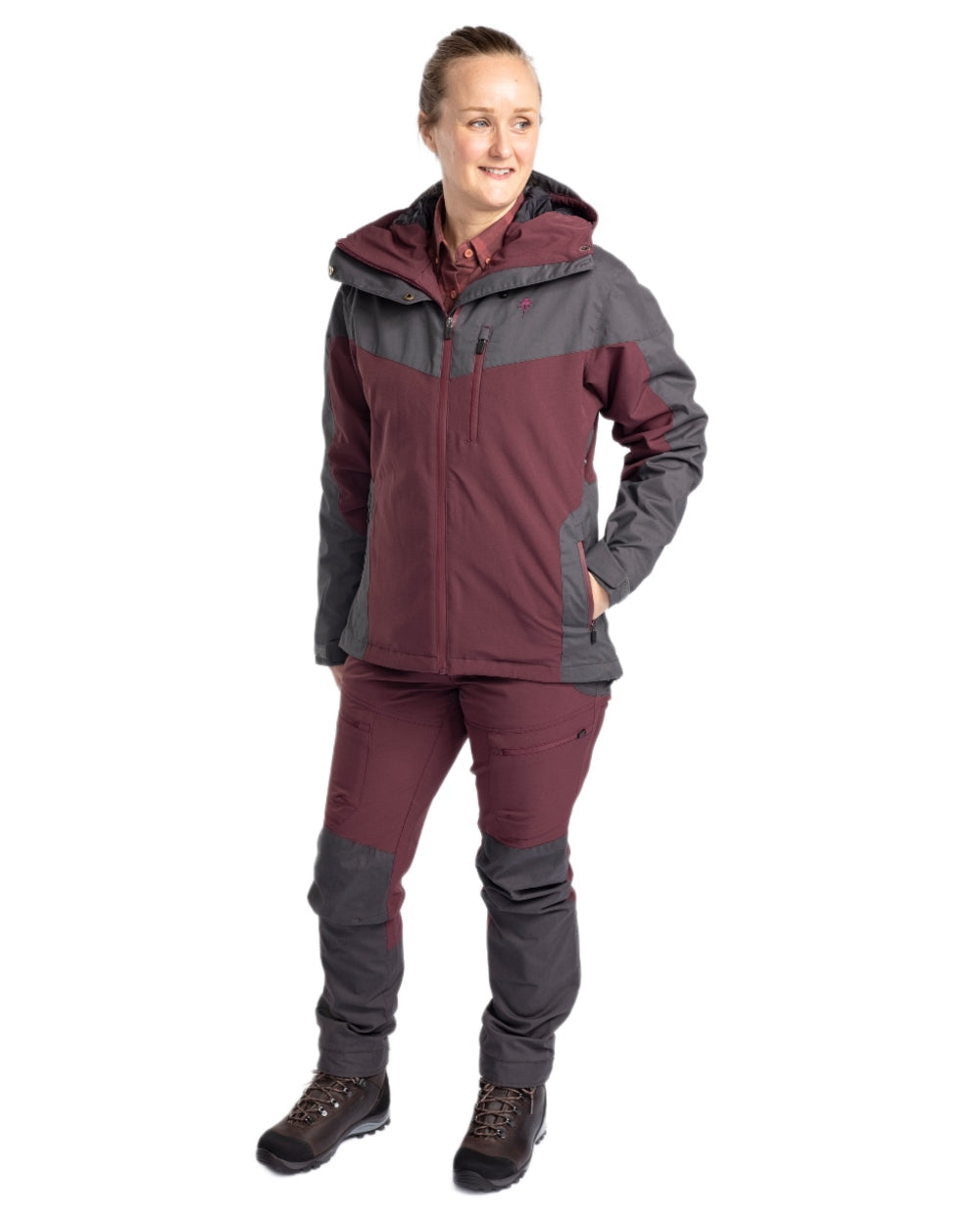 EarthPlum Dark Anthracite Coloured Pinewood Womens Finnveden Hybrid Extreme Jacket on white background 