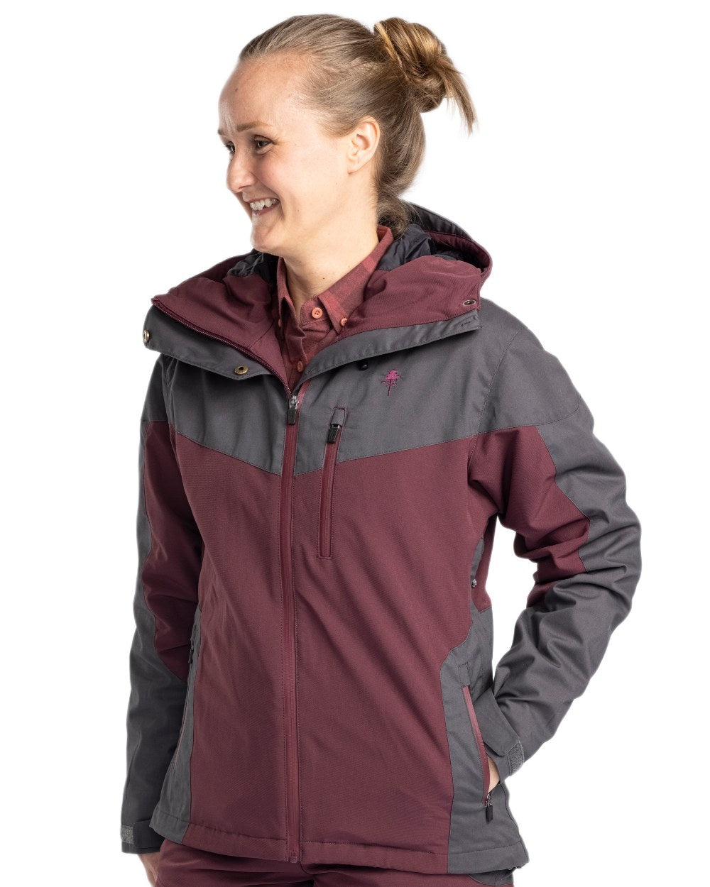 EarthPlum Dark Anthracite Coloured Pinewood Womens Finnveden Hybrid Extreme Jacket on white background 