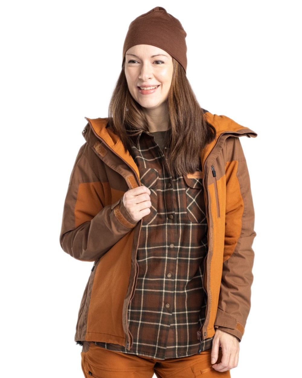 Fudge Nougat Coloured Pinewood Womens Finnveden Hybrid Extreme Jacket on white background 