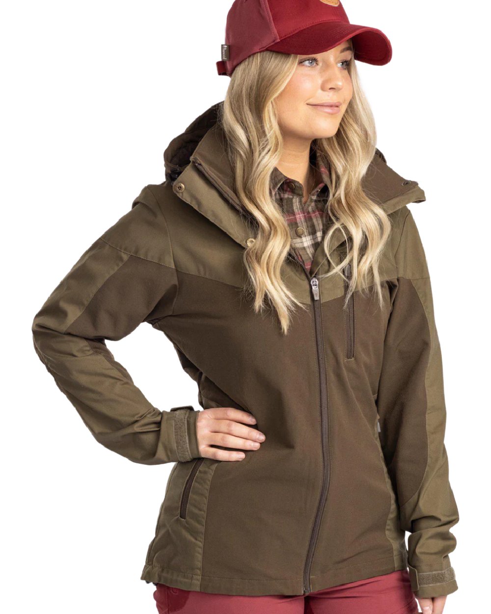 Dark Olive Hunting Olive coloured Pinewood Womens Finnveden Hybrid Jacket on white background 