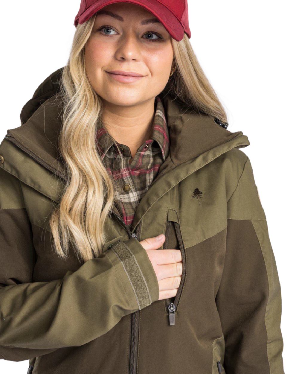 Dark Olive Hunting Olive coloured Pinewood Womens Finnveden Hybrid Jacket on white background 