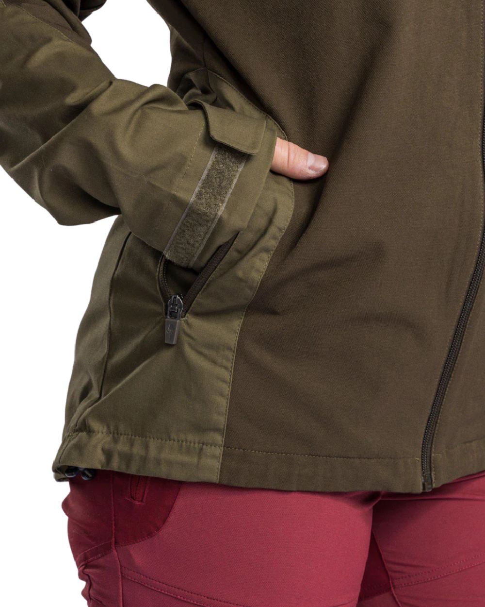 Dark Olive Hunting Olive coloured Pinewood Womens Finnveden Hybrid Jacket on white background 