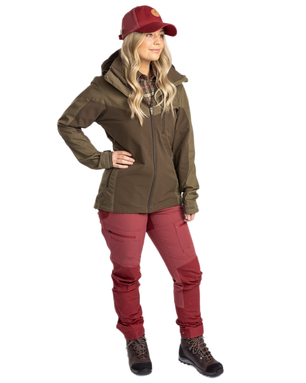 Dark Olive Hunting Olive coloured Pinewood Womens Finnveden Hybrid Jacket on white background 