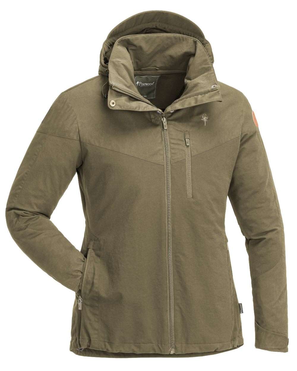 Hunting Olive Coloured Pinewood Womens Finnveden Hybrid Jacket on white background 