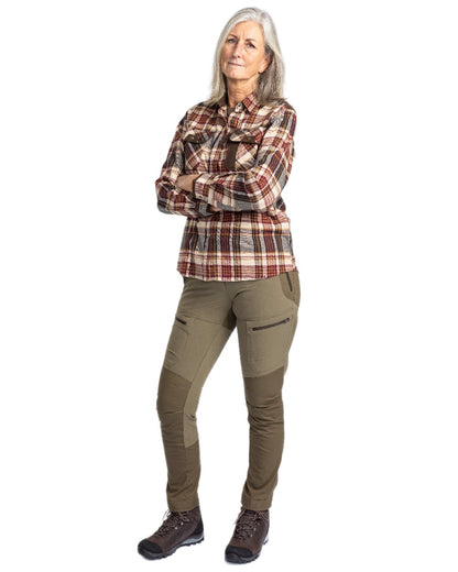 Hunting Olive Coloured Pinewood Womens Finnveden Hybrid Trousers on white background 