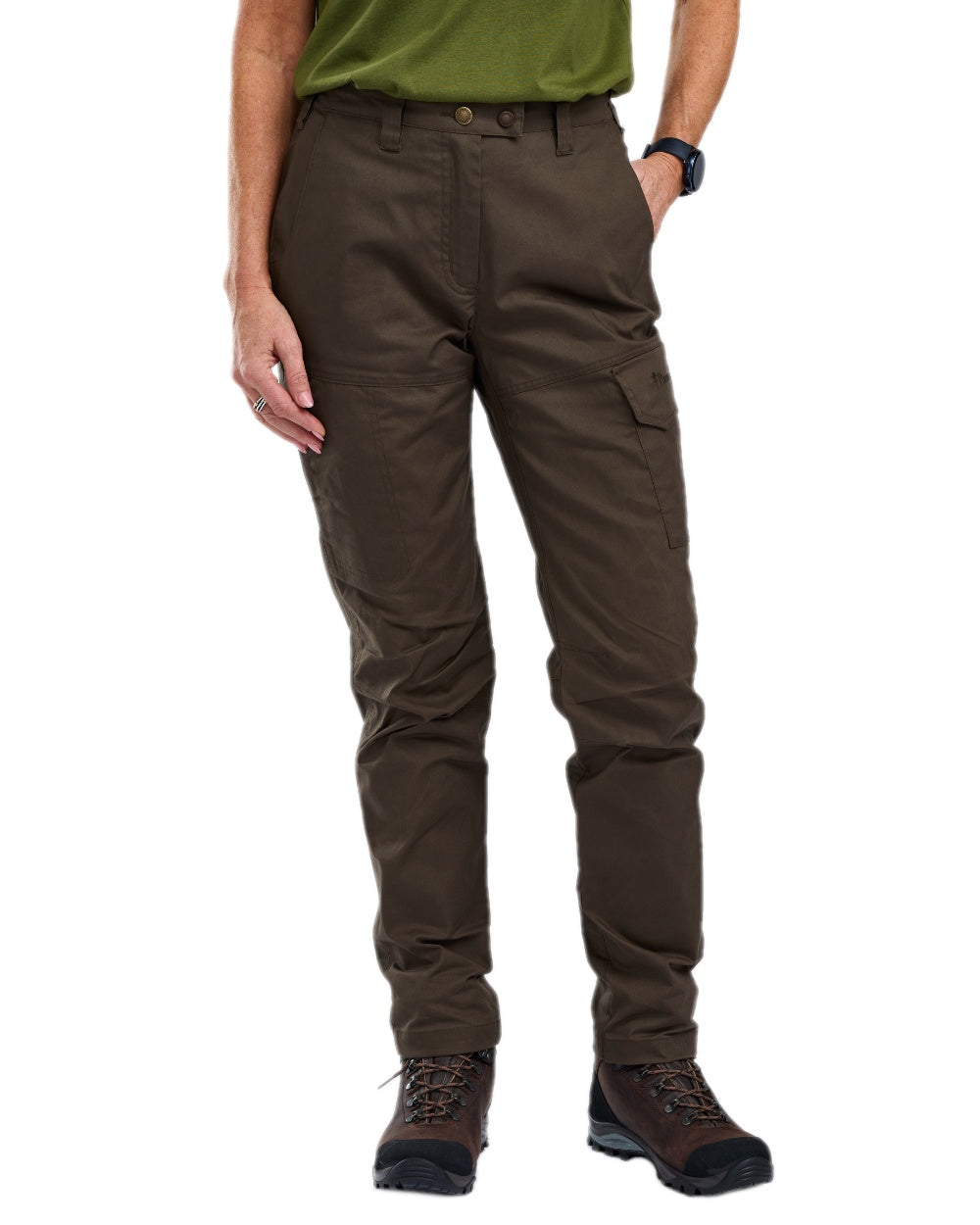 Dark Olive Coloured Pinewood Womens Finnveden Outdoor Trousers on white background 
