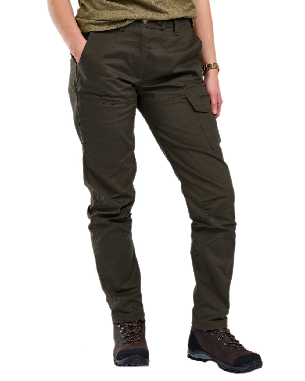 Moss Green Coloured Pinewood Womens Finnveden Outdoor Trousers on white background 