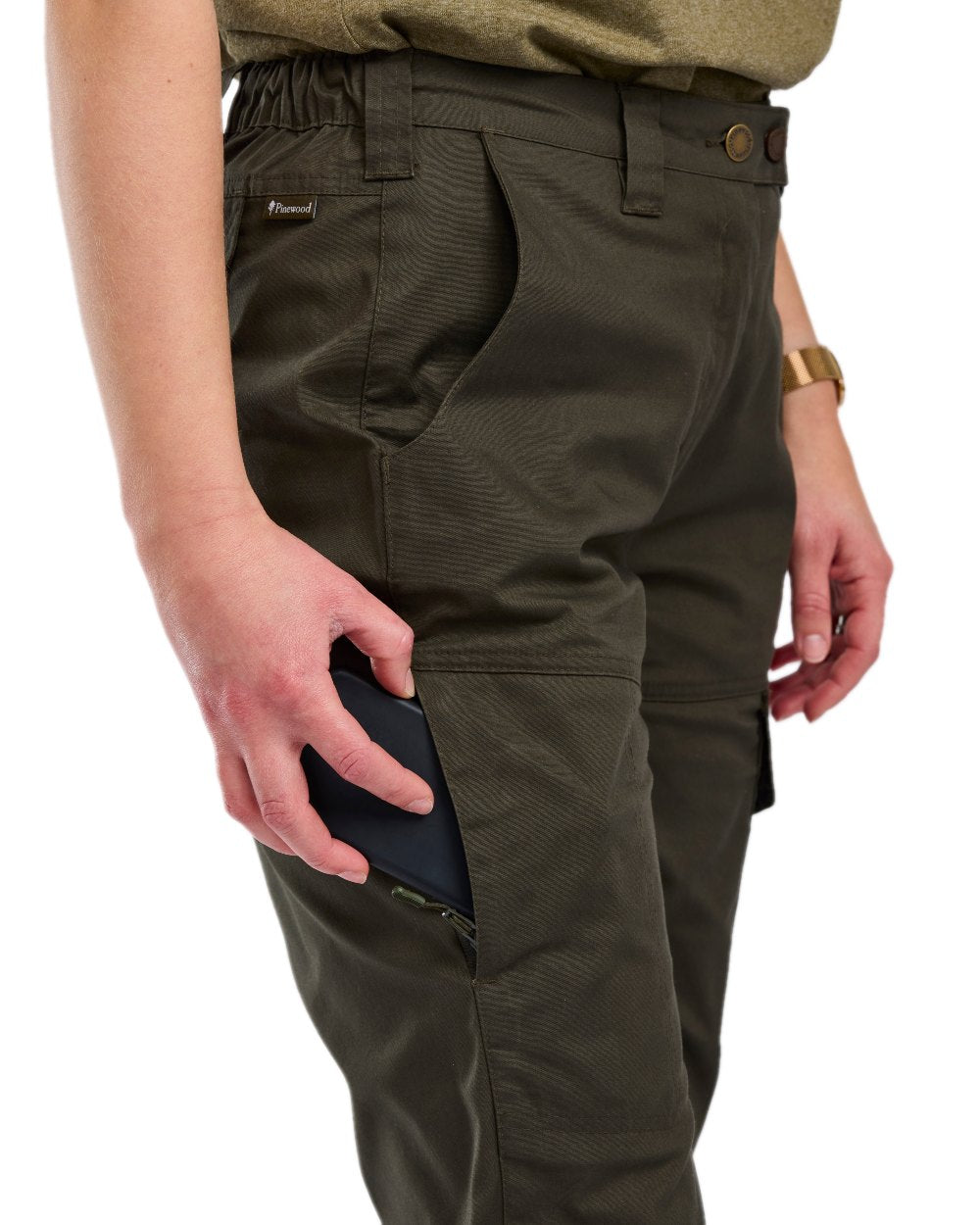 Moss Green Coloured Pinewood Womens Finnveden Outdoor Trousers on white background 