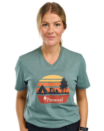 Aqua Grey Melange Campsite coloured Pinewood Womens Finnveden Recycled Outdoor T-Shirt on white background 