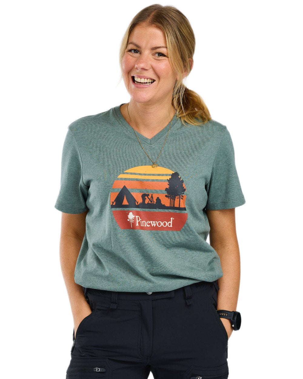 Aqua Grey Melange Campsite coloured Pinewood Womens Finnveden Recycled Outdoor T-Shirt on white background 