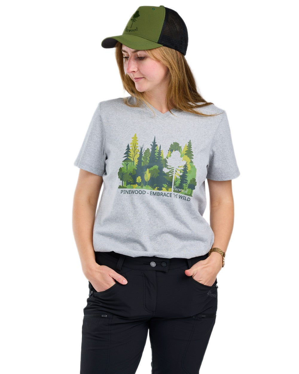 Light Grey Melange Forest coloured Pinewood Womens Finnveden Recycled Outdoor T-Shirt on white background 