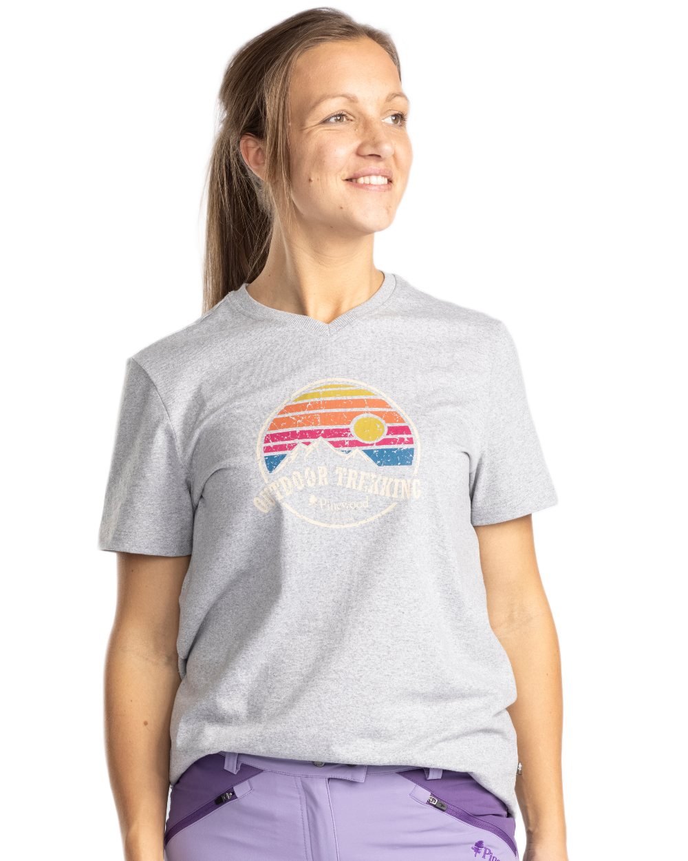Light Grey Melange coloured Pinewood Womens Finnveden Recycled Outdoor T-Shirt on white background 