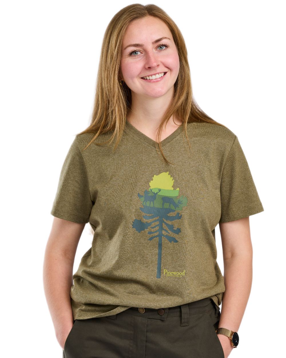 Olive Melange Pine Tree coloured Pinewood Womens Finnveden Recycled Outdoor T-Shirt on white background 