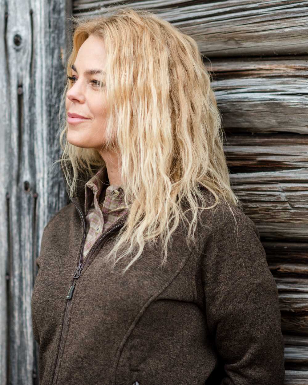 Olive Melange coloured Pinewood Womens Gabriella Fleece Jacket on outdoor background 