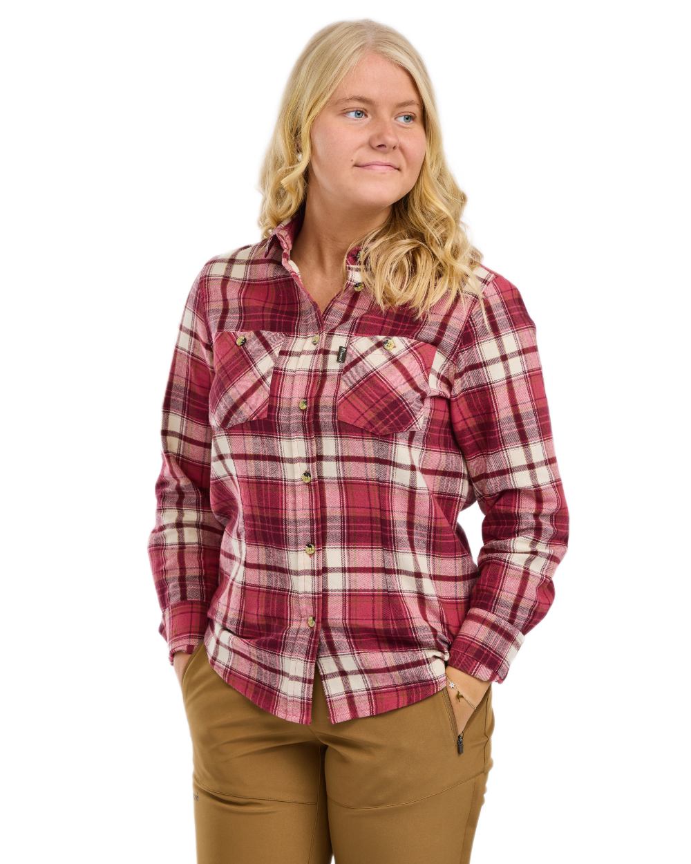 Cherry Pink Off White coloured Pinewood Womens Harjedalen Shirt on white background 