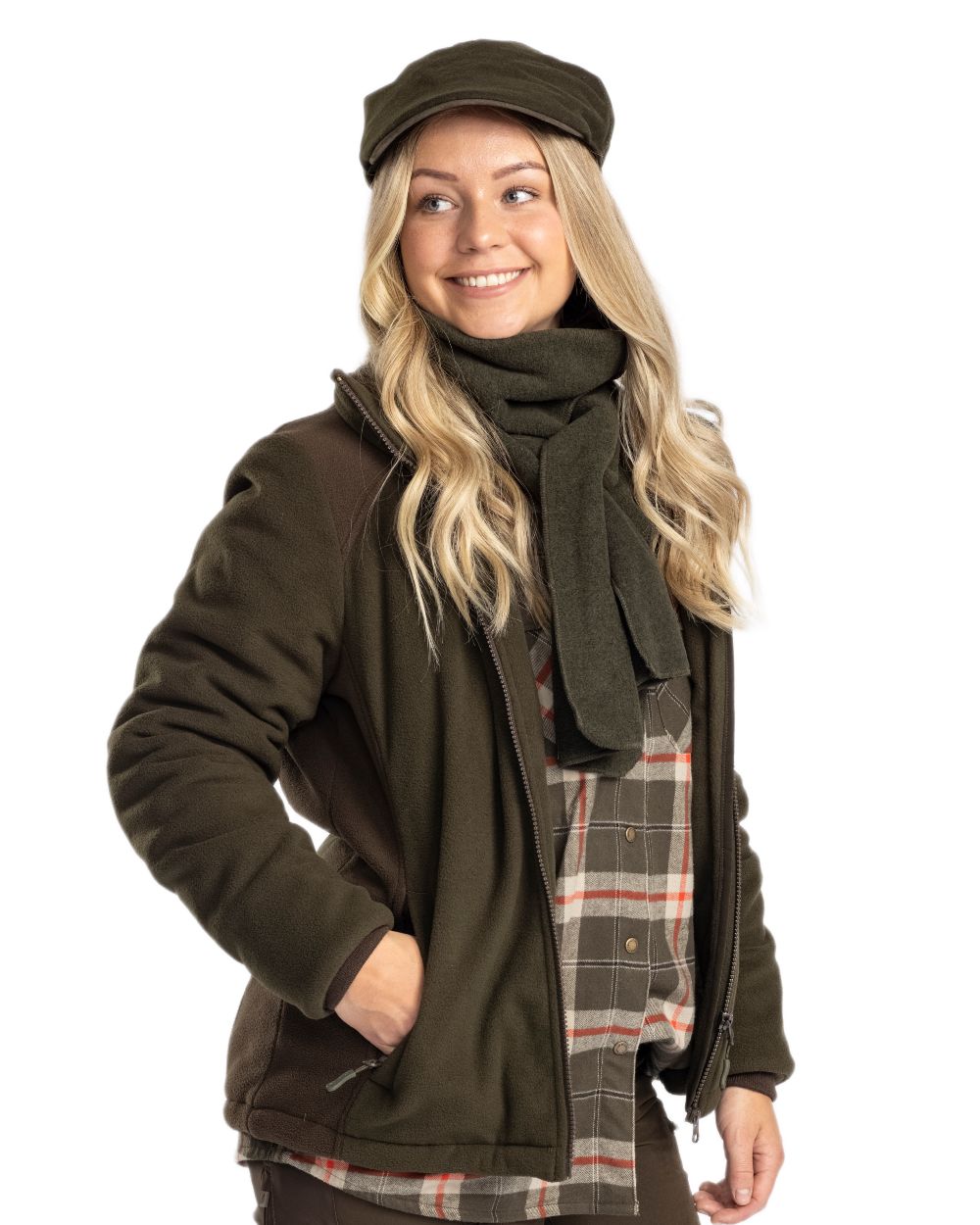 Green Suede Brown Coloured Pinewood Womens Harriette Padded Fleece Jacket on white background 