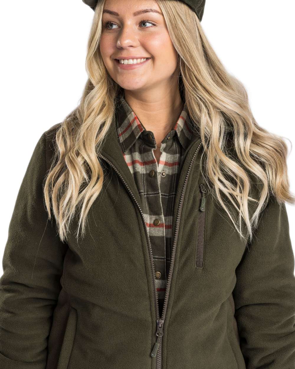 Green Suede Brown Coloured Pinewood Womens Harriette Padded Fleece Jacket on white background 