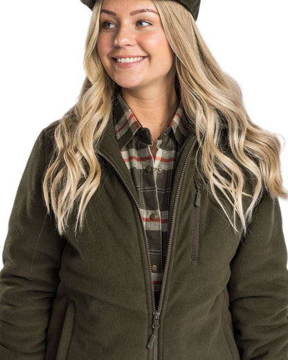 Green Suede Brown Coloured Pinewood Womens Harriette Padded Fleece Jacket on white background 