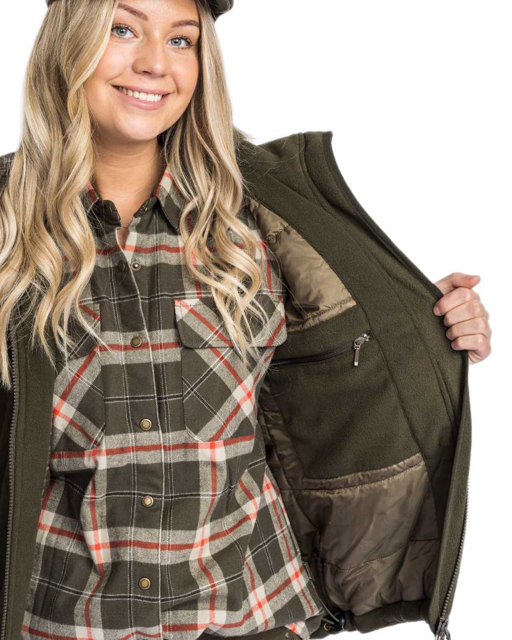 Green Suede Brown Coloured Pinewood Womens Harriette Padded Fleece Jacket on white background 