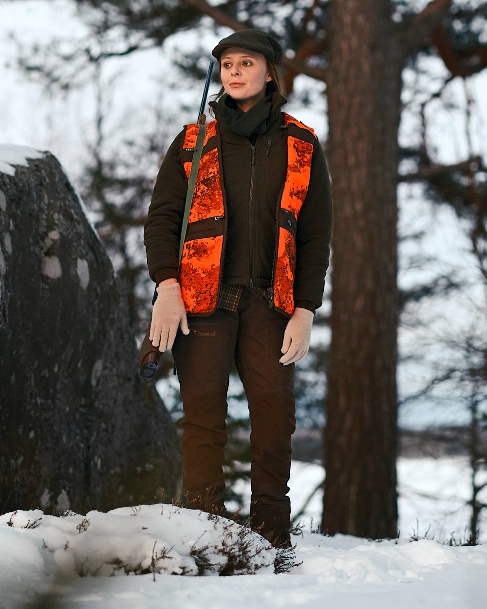 Green Suede Brown Coloured Pinewood Womens Harriette Padded Fleece Jacket on snow background 