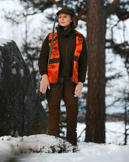 Green Suede Brown Coloured Pinewood Womens Harriette Padded Fleece Jacket on snow background 